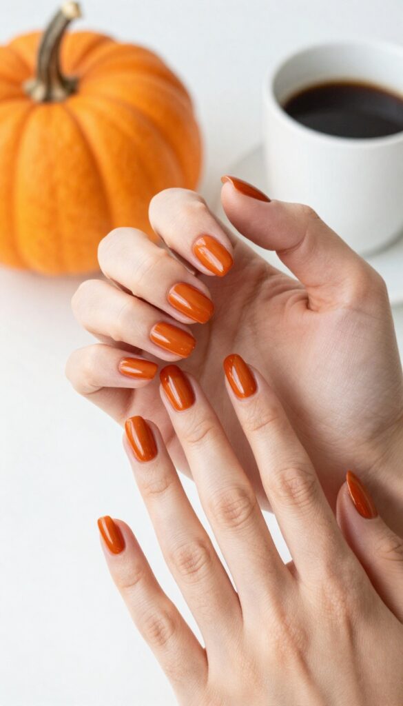 Pumpkin spice glazed nails with glossy burnt orange polish on squoval shaped nails