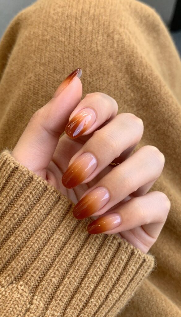 Maple syrup drip ombre nails with glossy amber to caramel gradient