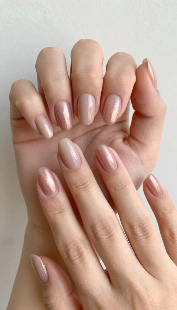 Rose gold ombre nails with milky beige base and shimmering tips on rounded squoval nails