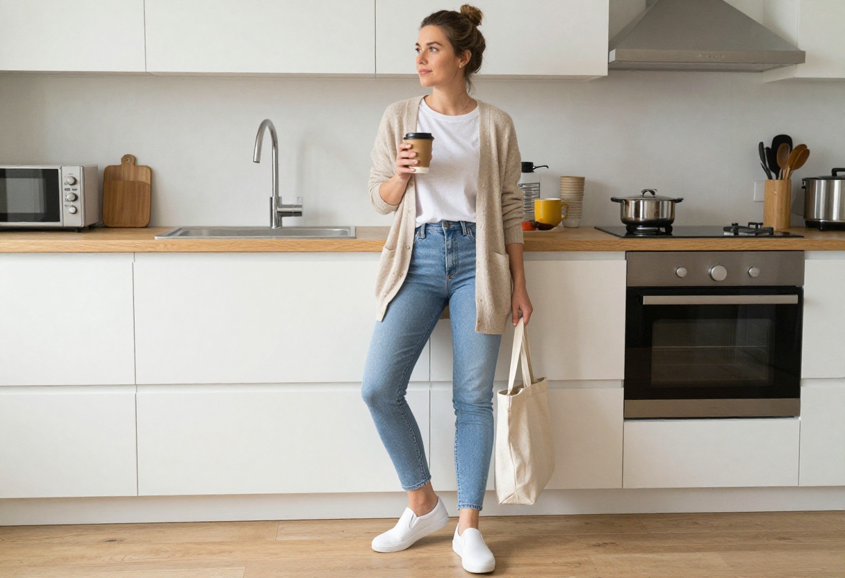 Woman in casual cardigan and jeans holding coffee, Gacha mom outfit inspiration