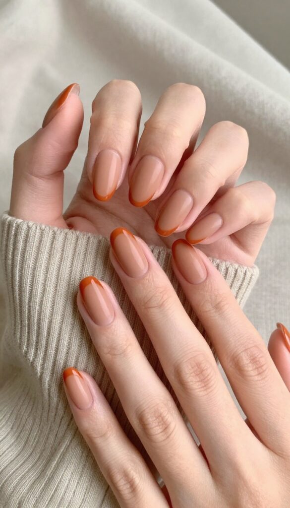 Matte maple glazed French tip nails with burnt orange tips and sheer nude base