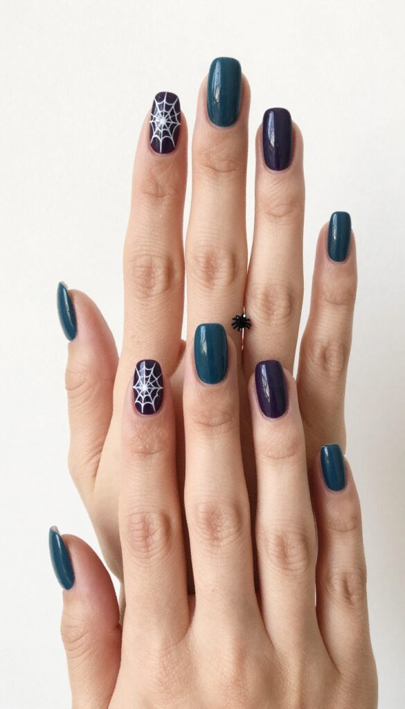 Coffin nails with spiderweb accents in deep plum and dark teal