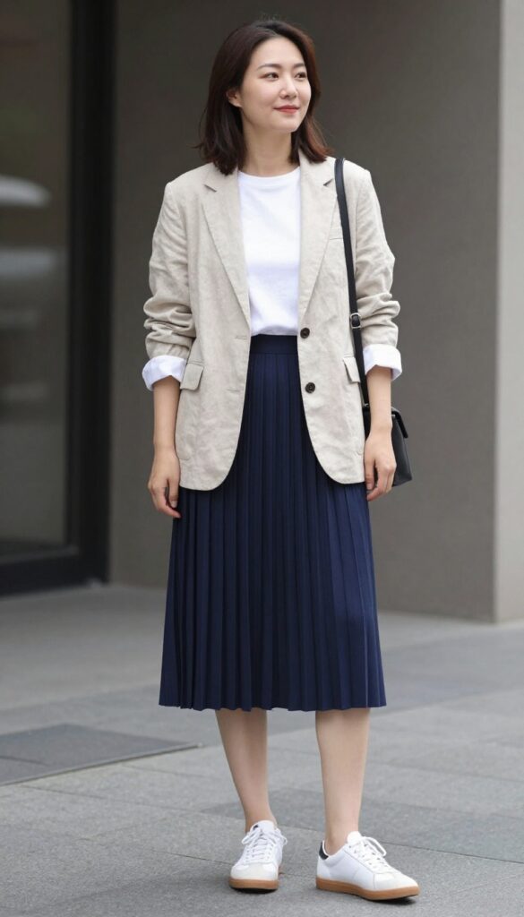 4. Blazer + T-Shirt + Pleated Midi Skirt + Sneakers