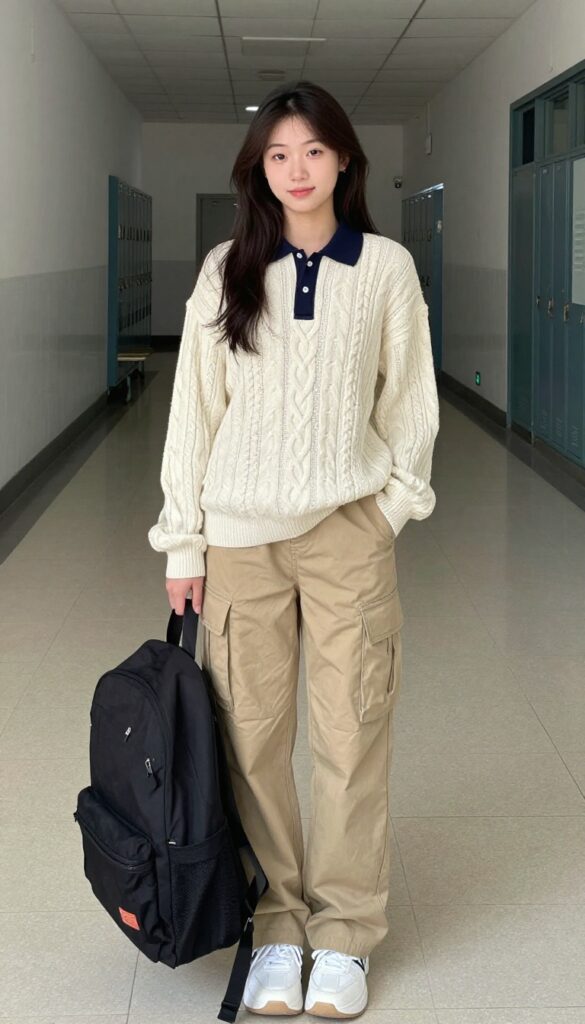 10. Polo Neck + Cable Knit Sweater + Cargo Trousers