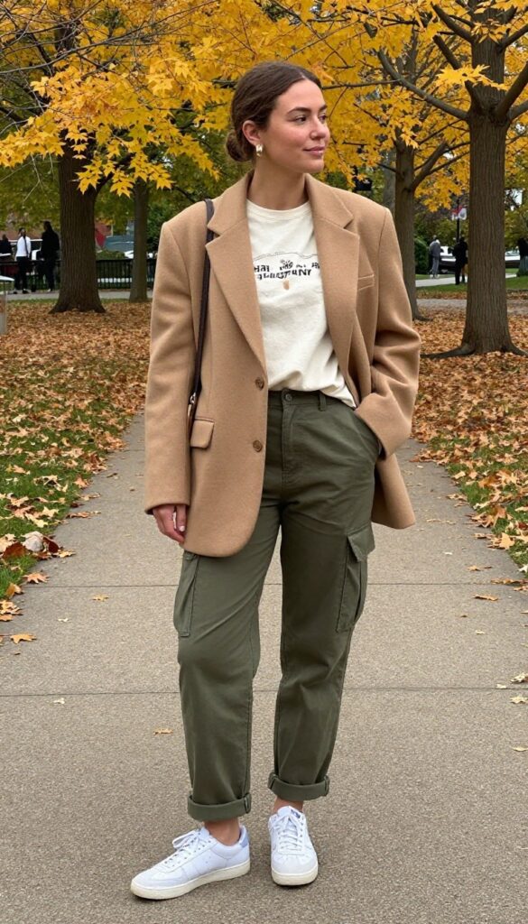 12. Long Blazer + Graphic Tee + Cargo Pants + White Sneakers
