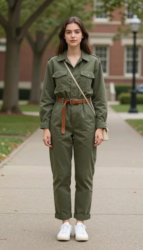 15. Jumpsuit with a Belt and Sneakers