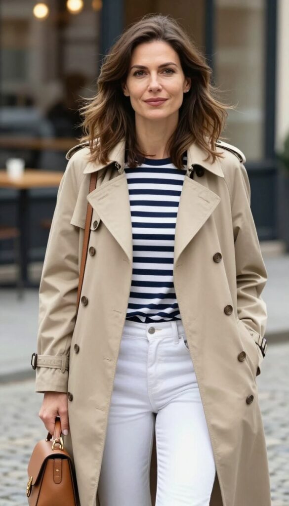 8. Trench Coat + Striped Breton Top + White Jeans + Flats