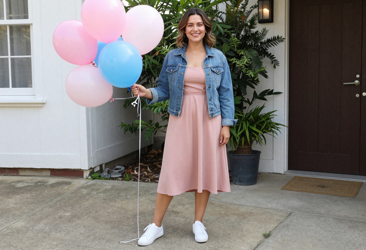 Mom wearing blush pink midi dress and white sneakers at a gender reveal party