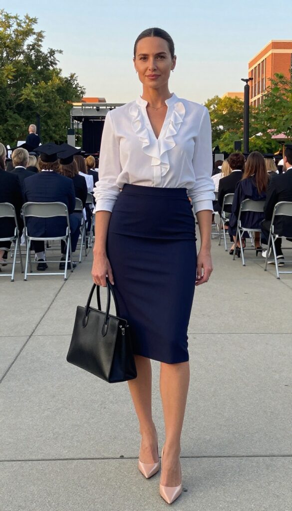 9. Pencil Skirt with a Ruffled Blouse and Pointed Heels