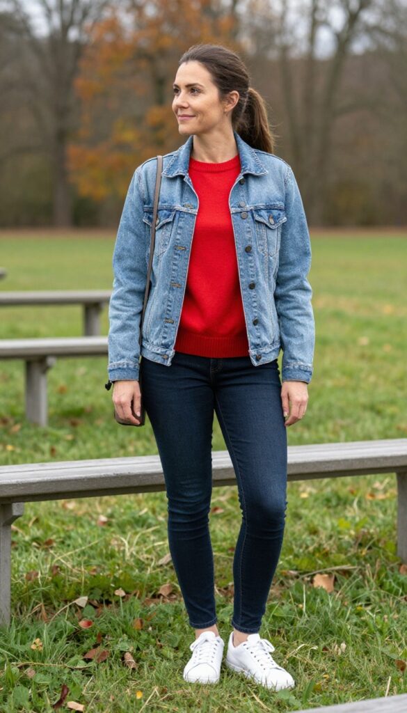 9. Denim on Denim with a Pop of Color