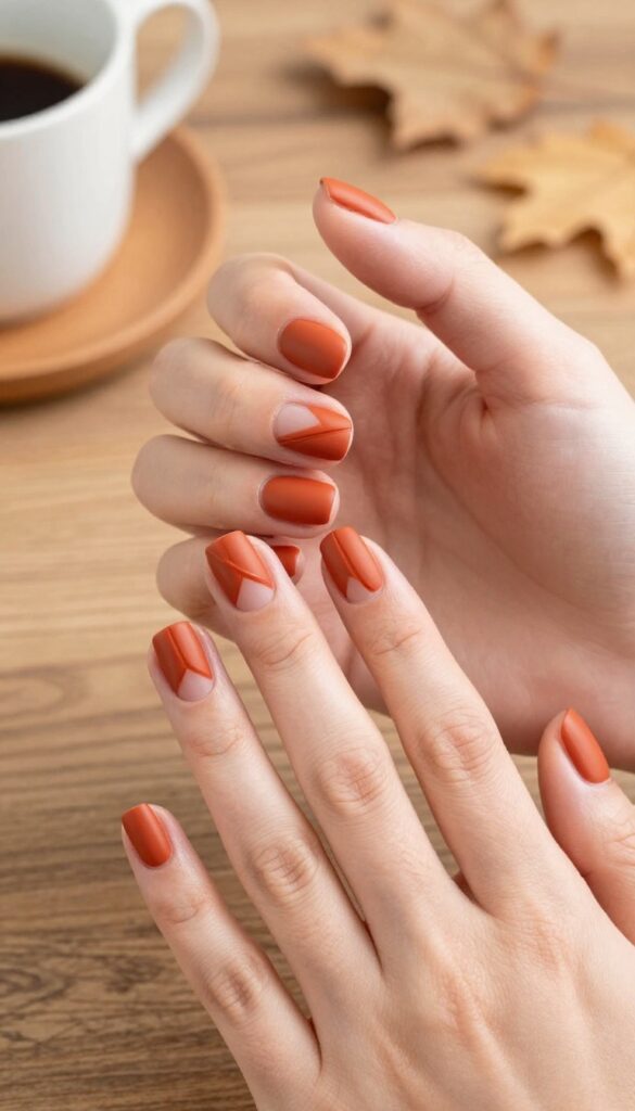 Short nails with matte rust orange polish and negative space slash design