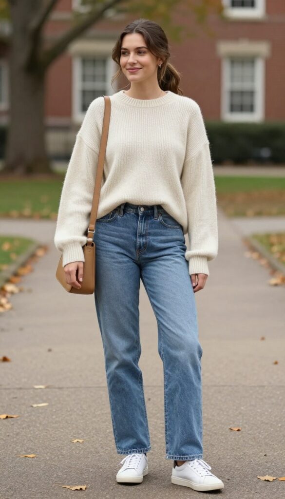 1. Cream Knit Sweater and Straight-Leg Jeans