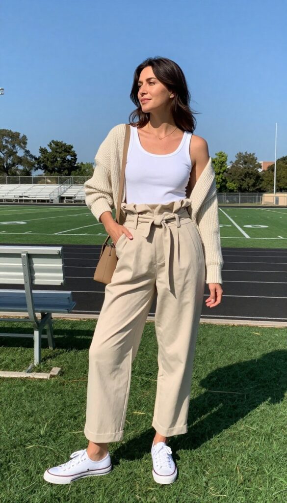 11. Paperbag Waist Shorts with a Tank and Lightweight Sweater