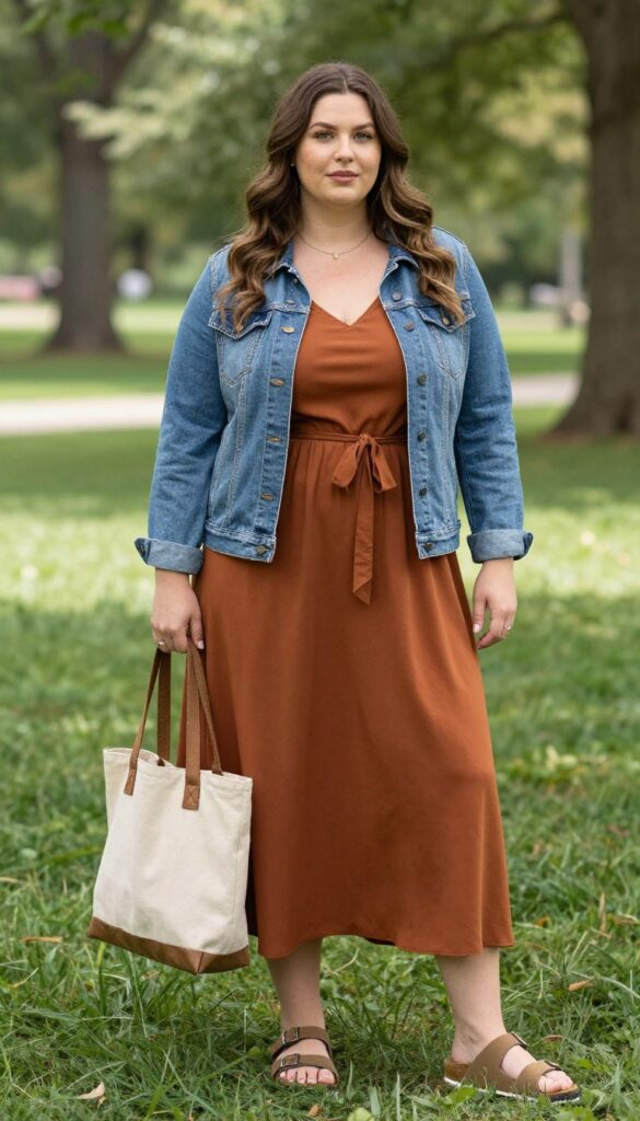 2. Flowy Midi Dress + Denim Jacket + Birkenstocks