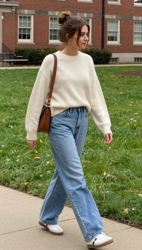 1. Cream Sweater + Wide-Leg Jeans + White Sneakers