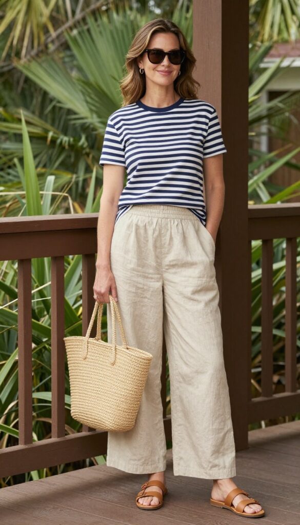 5. Wide-Leg Linen Pants + Striped Tee + Slide Sandals