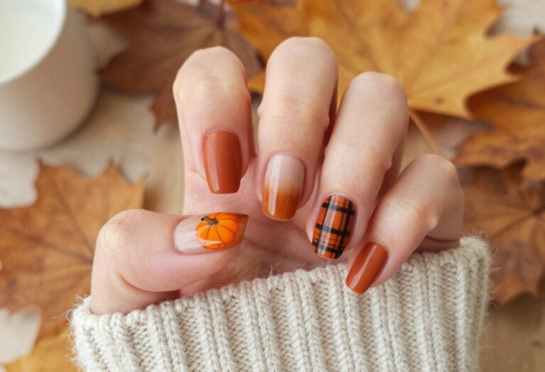 Fall nails with pumpkin design ideas including matte orange, ombre, and plaid patterns