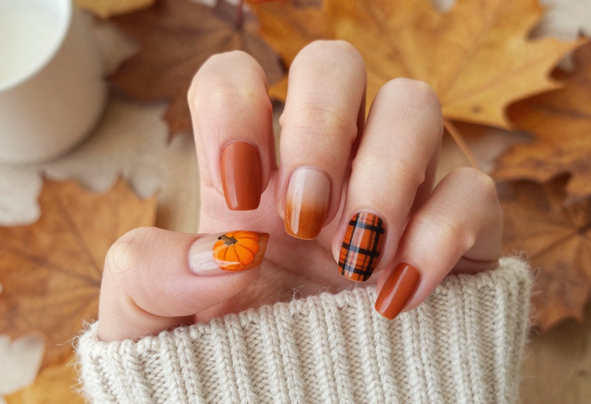 Fall nails with pumpkin design ideas including matte orange, ombre, and plaid patterns
