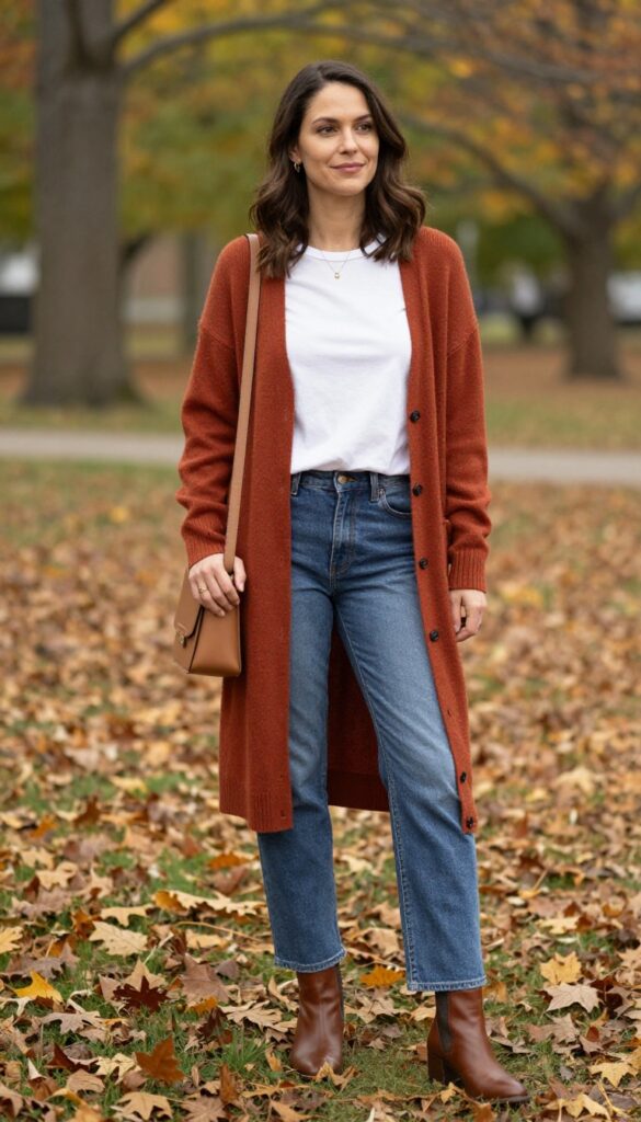 1. Rust Cardigan + White Tee + Straight-Leg Jeans + Ankle Boots