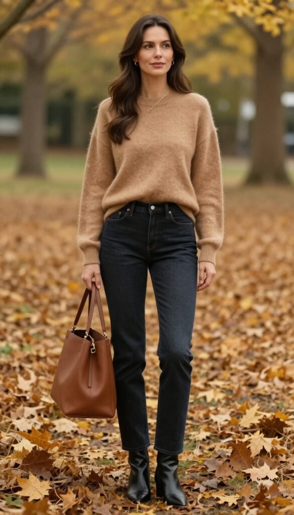 5. Cashmere Sweater + Dark Wash Bootcut Jeans + Heeled Booties