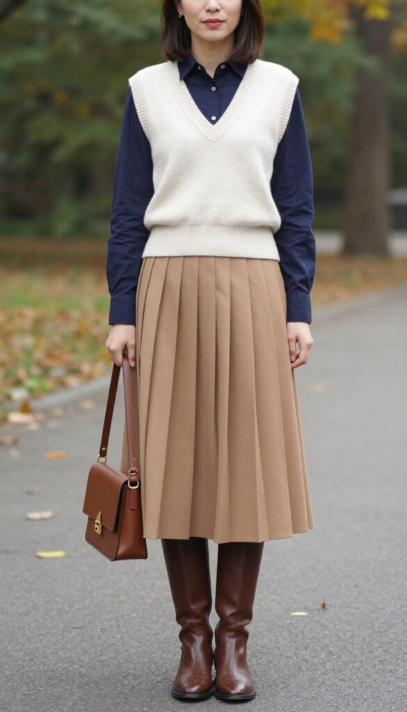 9. Pleated Midi Skirt with a Sweater Vest