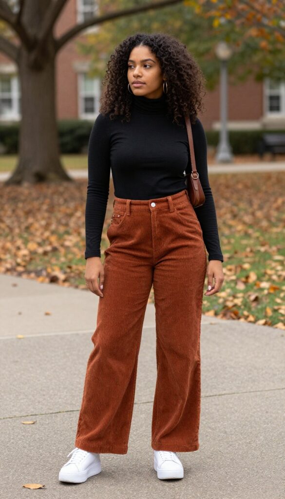 11. Corduroy Pants + Turtleneck + Platform Sneakers