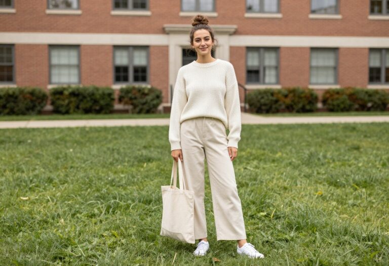 Young woman in cream knit set on campus lawn with brick building background