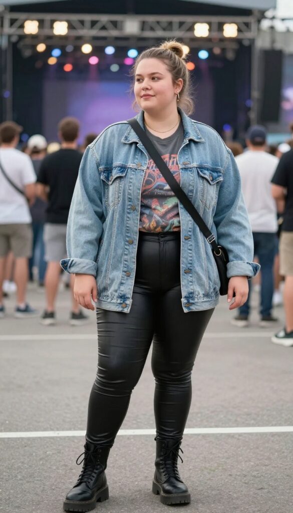 1. Edgy Leather Leggings with a Band Tee and Denim Jacket