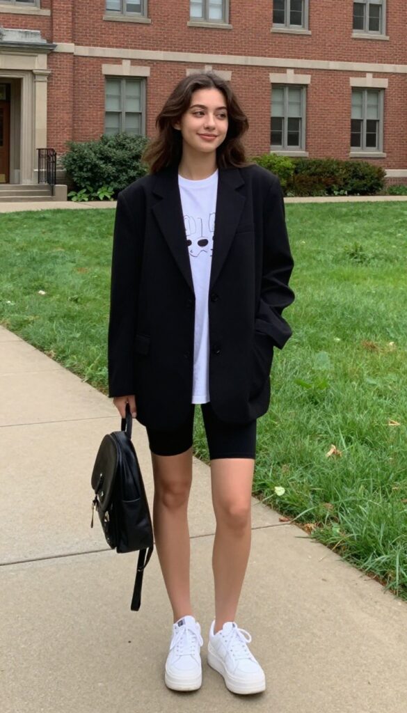 2. Oversized Blazer with a Graphic Tee and Biker Shorts