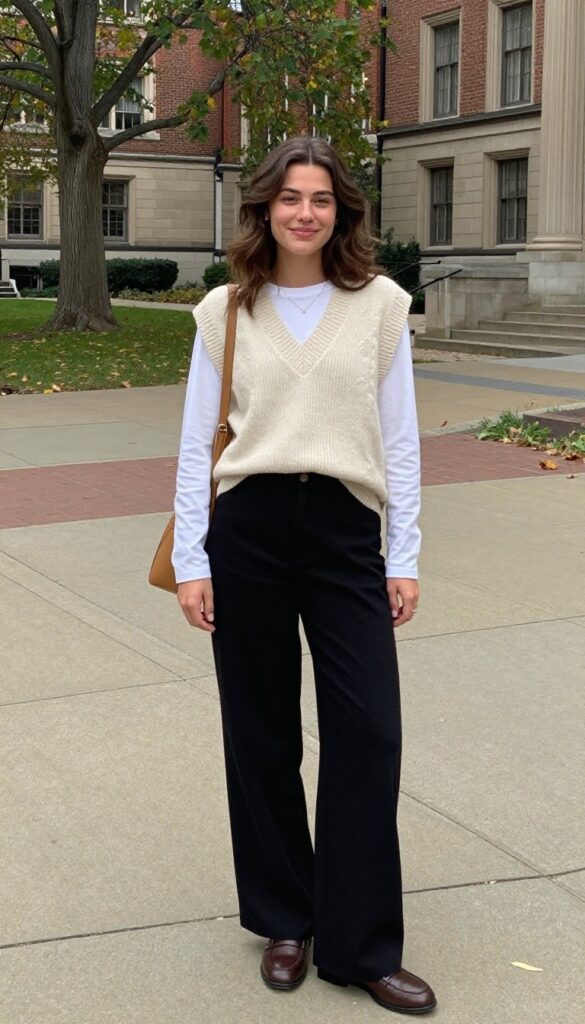 10. Knit Vest and White Tee with Trousers
