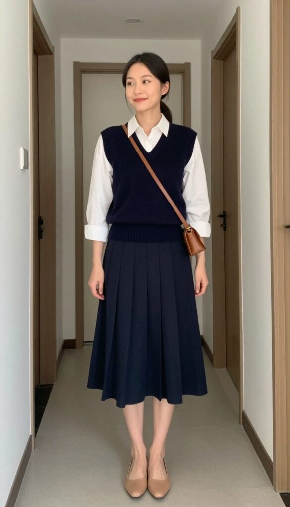 5. Sweater Vest + White Blouse + Pleated Skirt