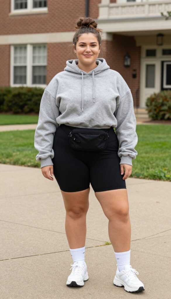 6. Hoodie + Bike Shorts + Dad Sneakers + Crew Socks