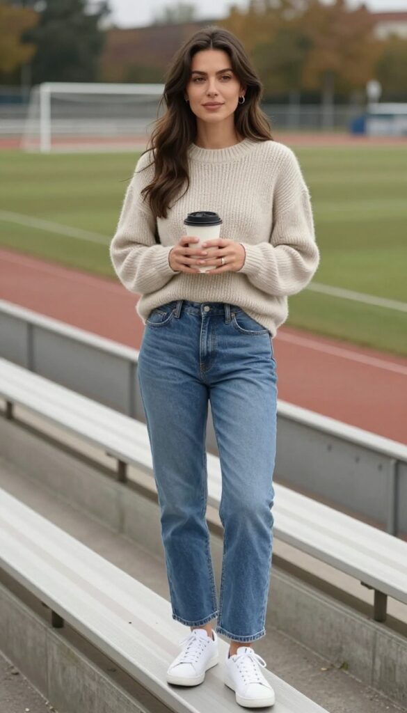 5. Cozy Knit Sweater & Straight-Leg Jeans