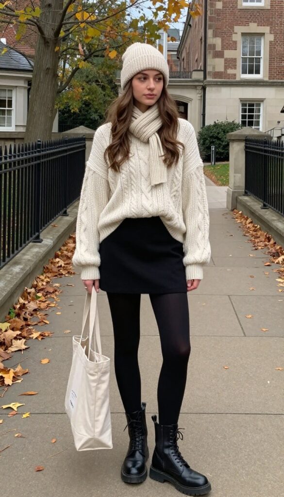 7. Chunky Sweater + Mini Skirt + Tights + Combat Boots