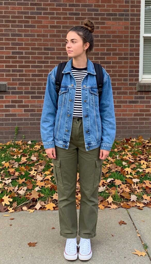 5. Denim Jacket, Striped Tee, and Cargo Pants