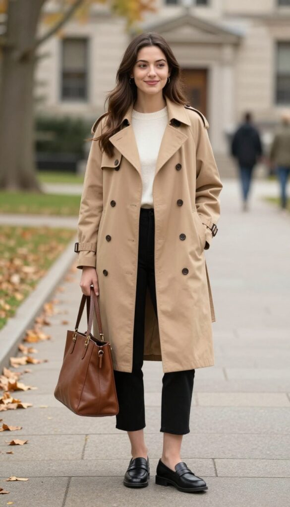 9. Trench Coat + Sweater + Ankle Pants + Loafers