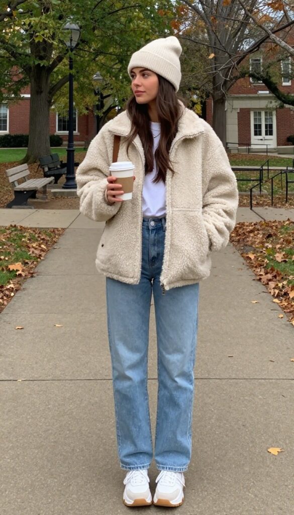 11. Sherpa Jacket with a Simple Tee and Mom Jeans