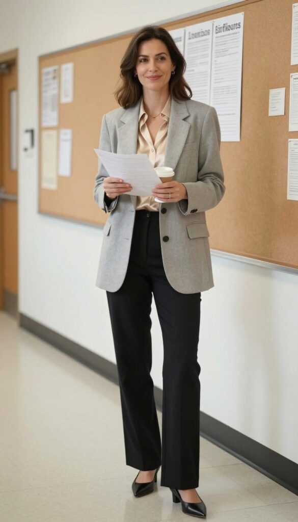 5. Gray Blazer + Silk Shell + Wide-Leg Trousers