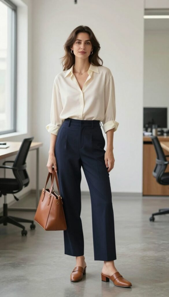 3. The Silk Blouse + Wide-Leg Trousers + Mules