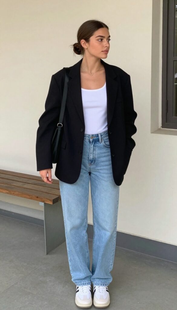 1. Oversized Blazer + Fitted Tank + Baggy Jeans + Chunky Sneakers
