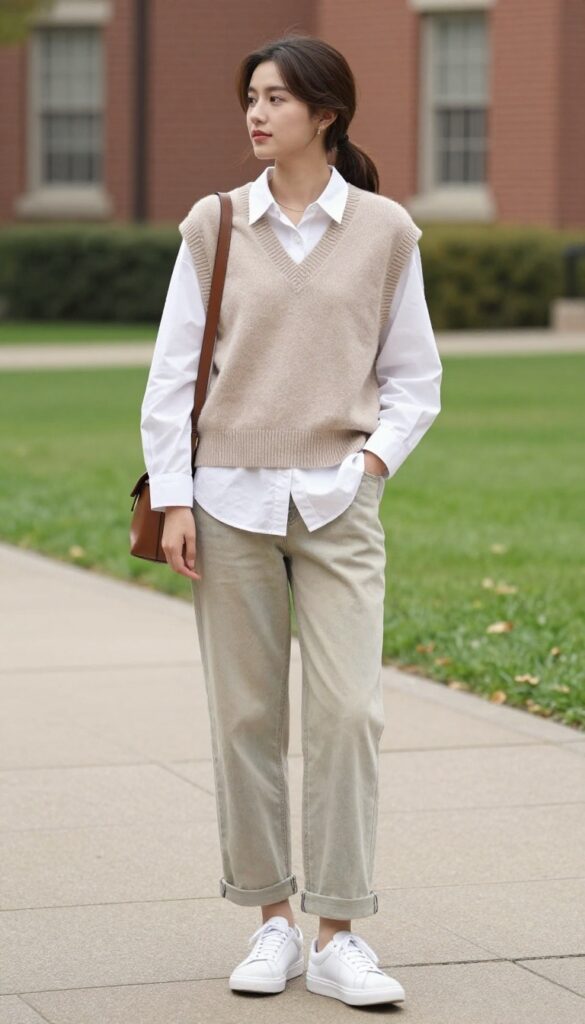 9. Sweater Vest + White Button-Down + Wide-Leg Jeans