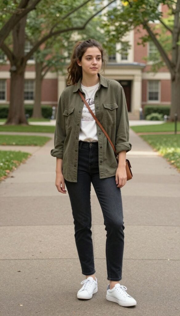8. Shacket + Graphic Tee + Skinny Jeans