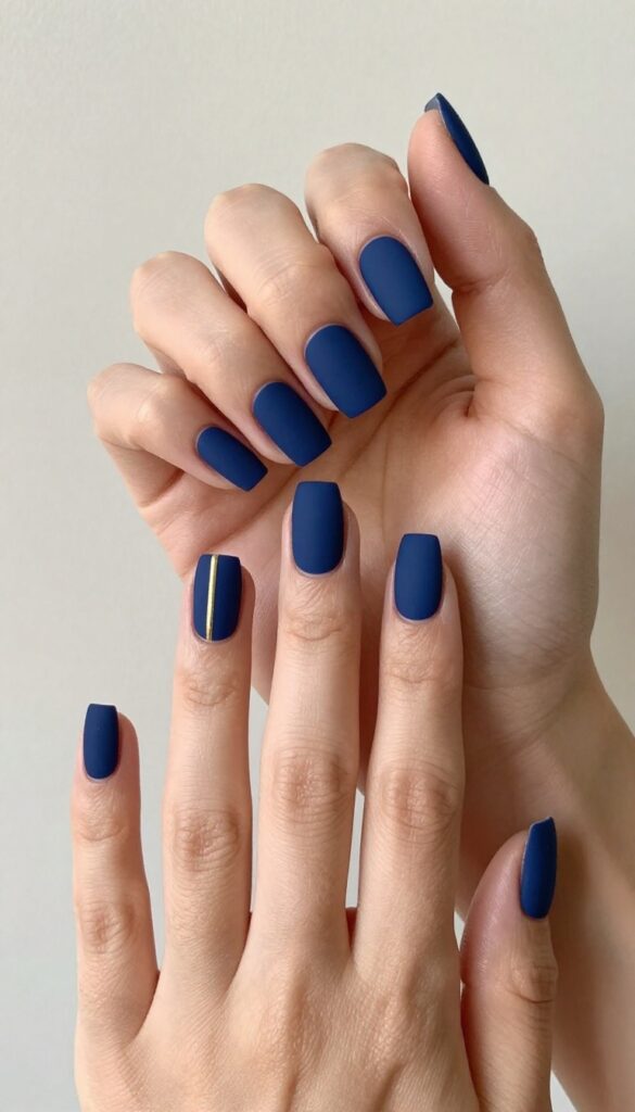 Matte navy blue nails with gold stripe accent on short square nails