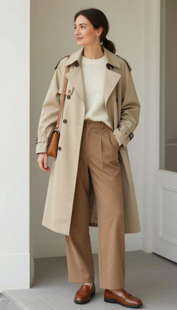 6. Trench Coat + Sweater + Wide-Leg Trousers