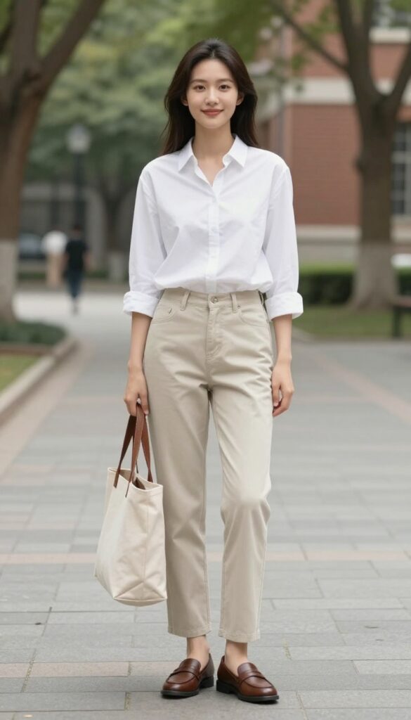 3. Button-Down Shirt and Straight-Leg Pants