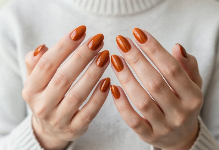 Burnt orange chrome nails with glossy metallic finish for fall
