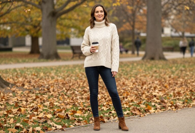 Mom wearing cozy fall layered outfit with sweater and jeans in autumn park