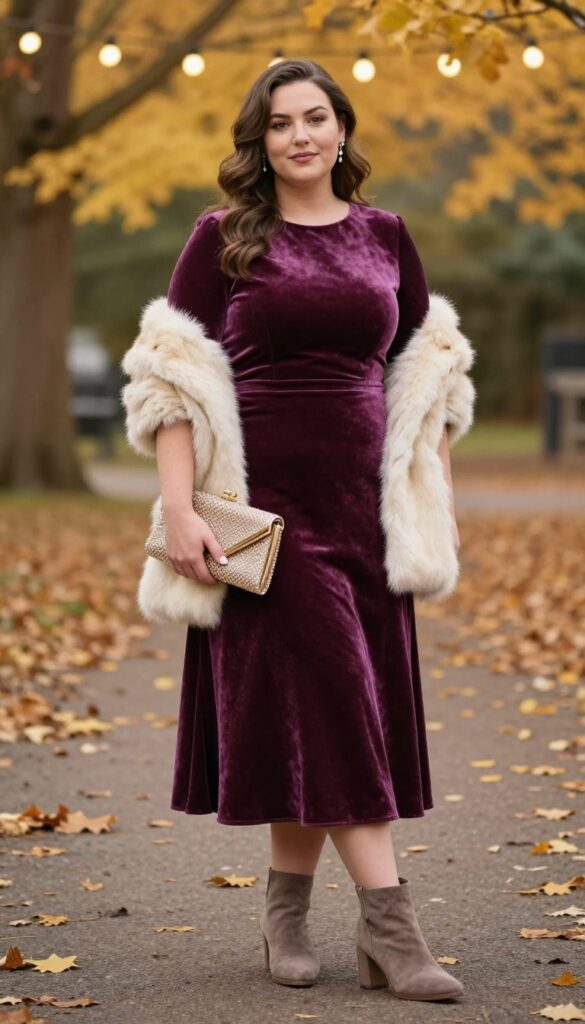 7. Velvet Midi Dress with Ankle Boots
