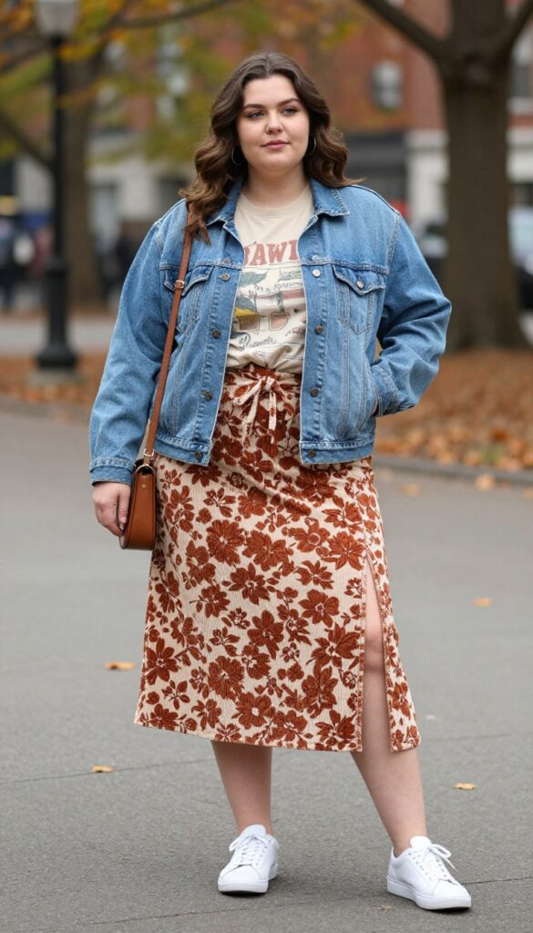 4. Midi Skirt + Graphic Tee + Denim Jacket