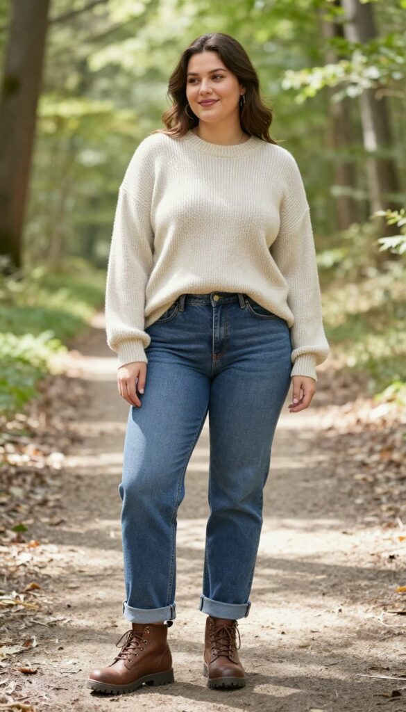 1. Oversized Sweater + Relaxed Jeans + Hiking Boots